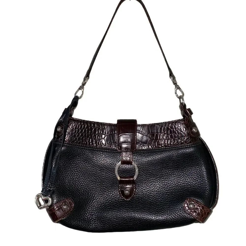 Brighton Brown Black Leather Shoulder Bag Purse Decorative Front Buckle